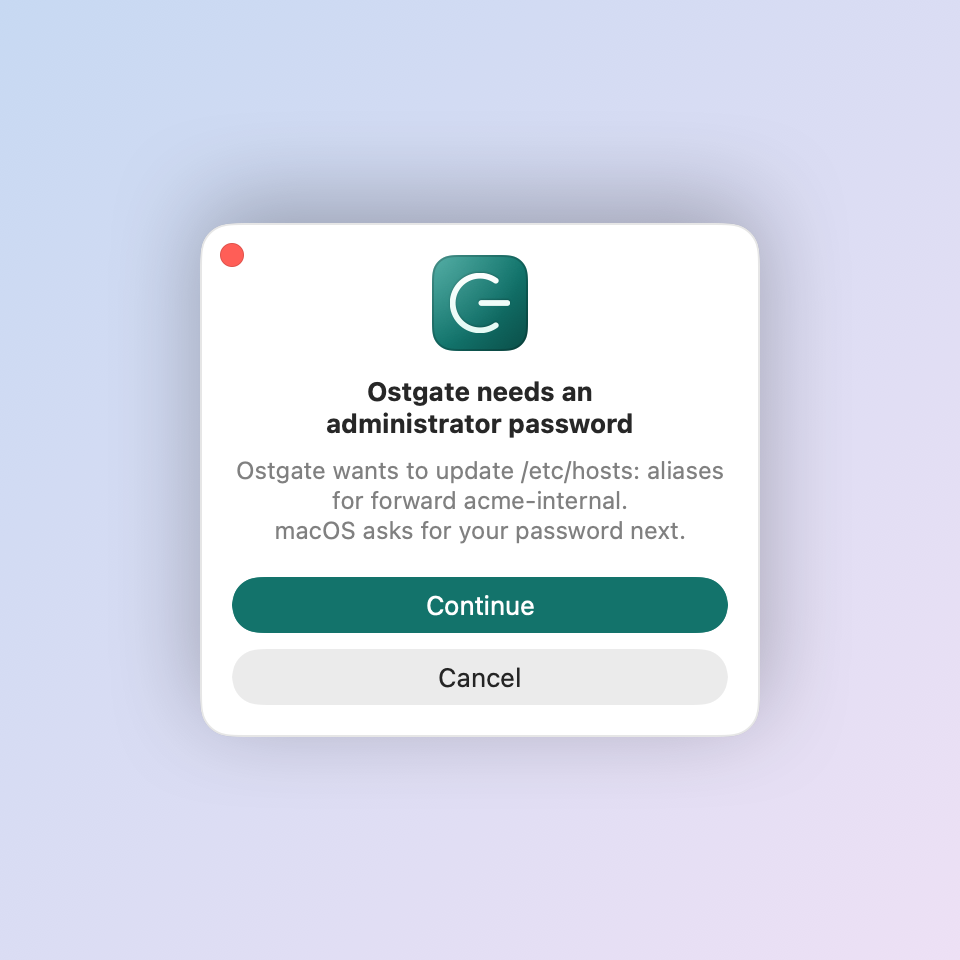 Ostgate's panel Ostgate needs an administrator password, reading: Ostgate wants to update /etc/hosts: aliases for forward acme-internal. macOS asks for your password next. Below are the buttons Continue and Cancel.