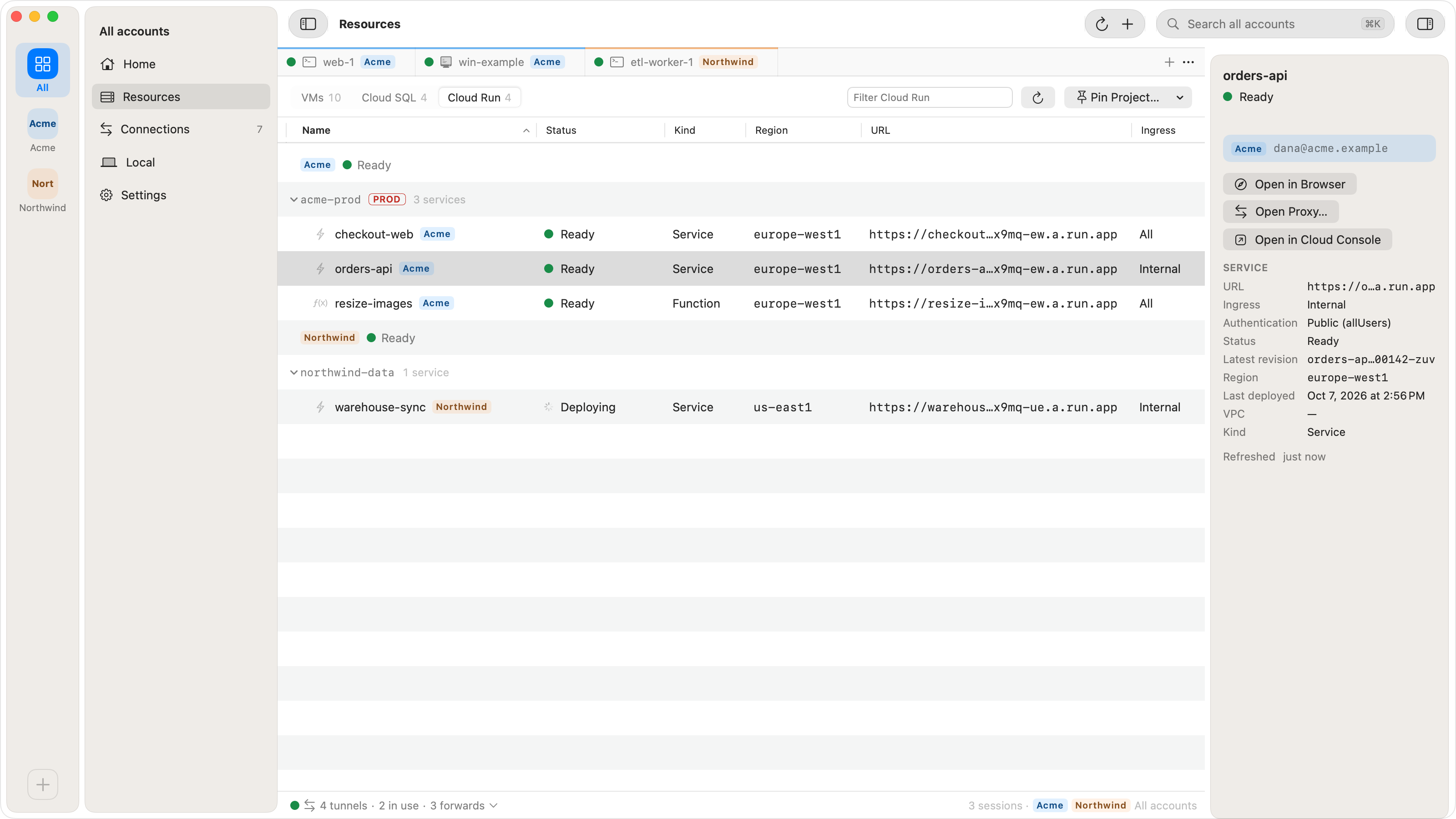 Ostgate's Resources view on the Cloud Run type: services and a function grouped by account and project, with status, kind, region, URL, ingress and auth; orders-api is selected, and the inspector shows Open in Browser, Open Proxy… and Open in Cloud Console above its ingress Internal, latest revision and region.