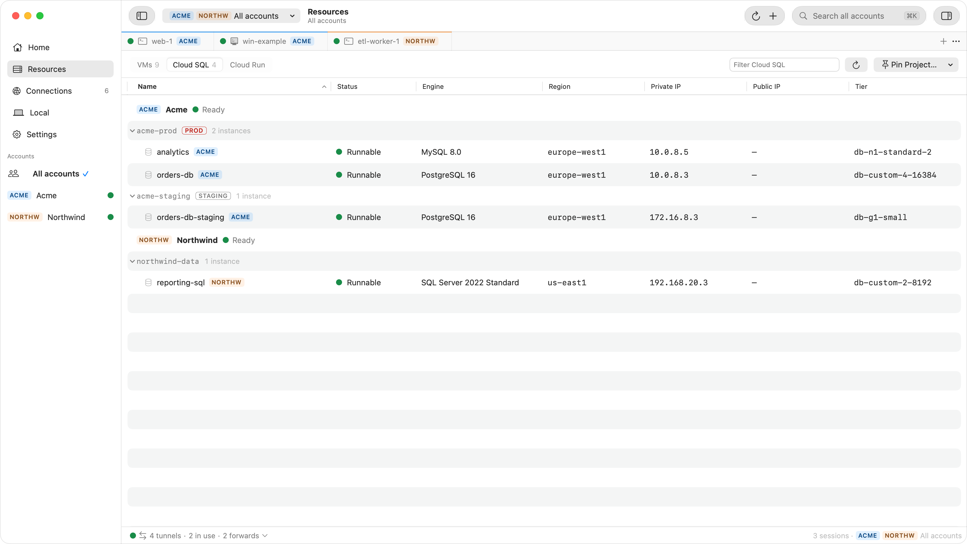 Ostgate's Resources view on the Cloud SQL type: PostgreSQL, MySQL and SQL Server instances grouped by account and project, each with its engine, region, state and private IP, with their tiers.