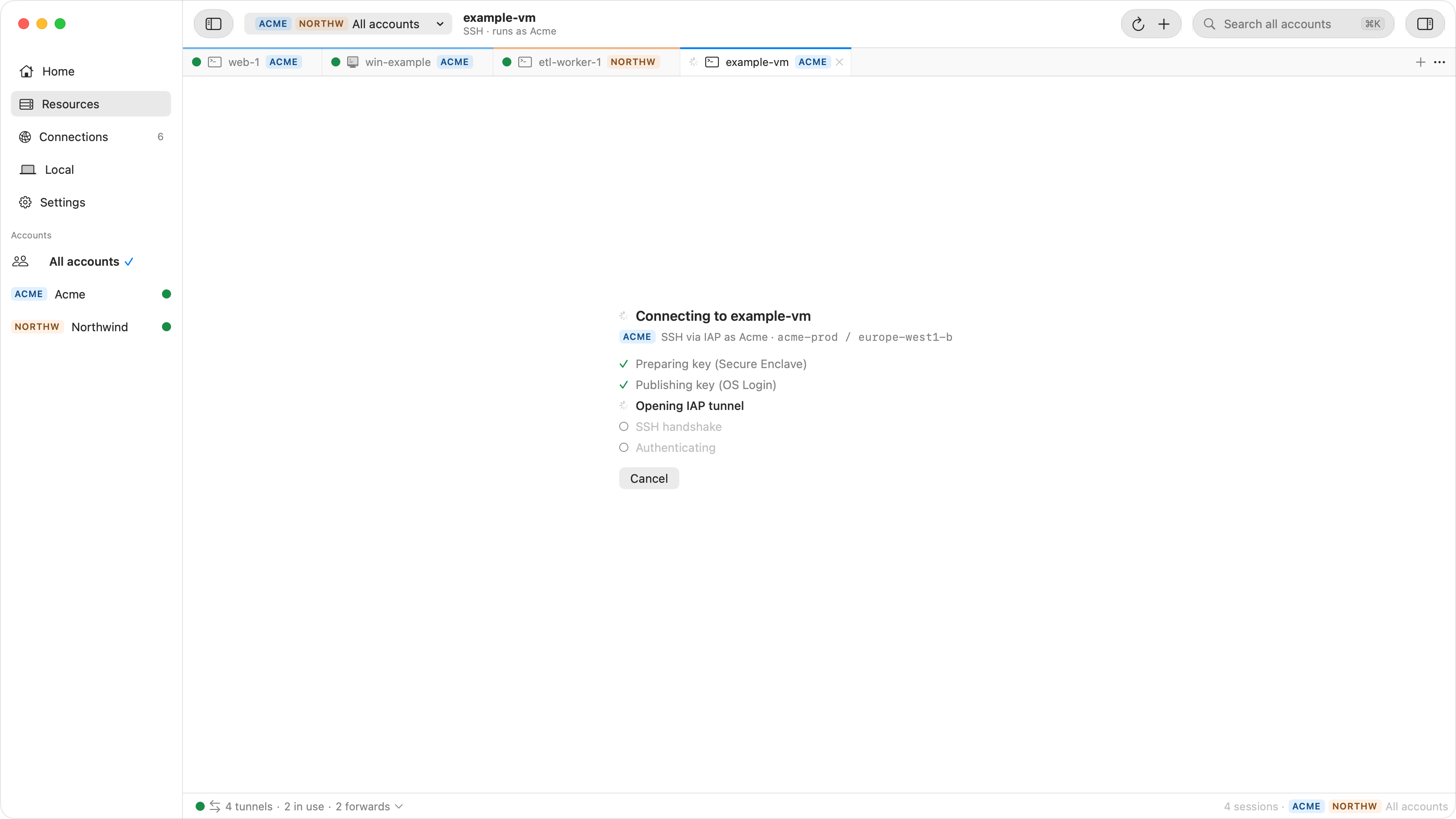 An Ostgate SSH tab connecting to example-vm in acme-prod: Preparing key (Secure Enclave) and Publishing key (OS Login) are done, Opening IAP tunnel is in progress, and SSH handshake and Authenticating are still to come.
