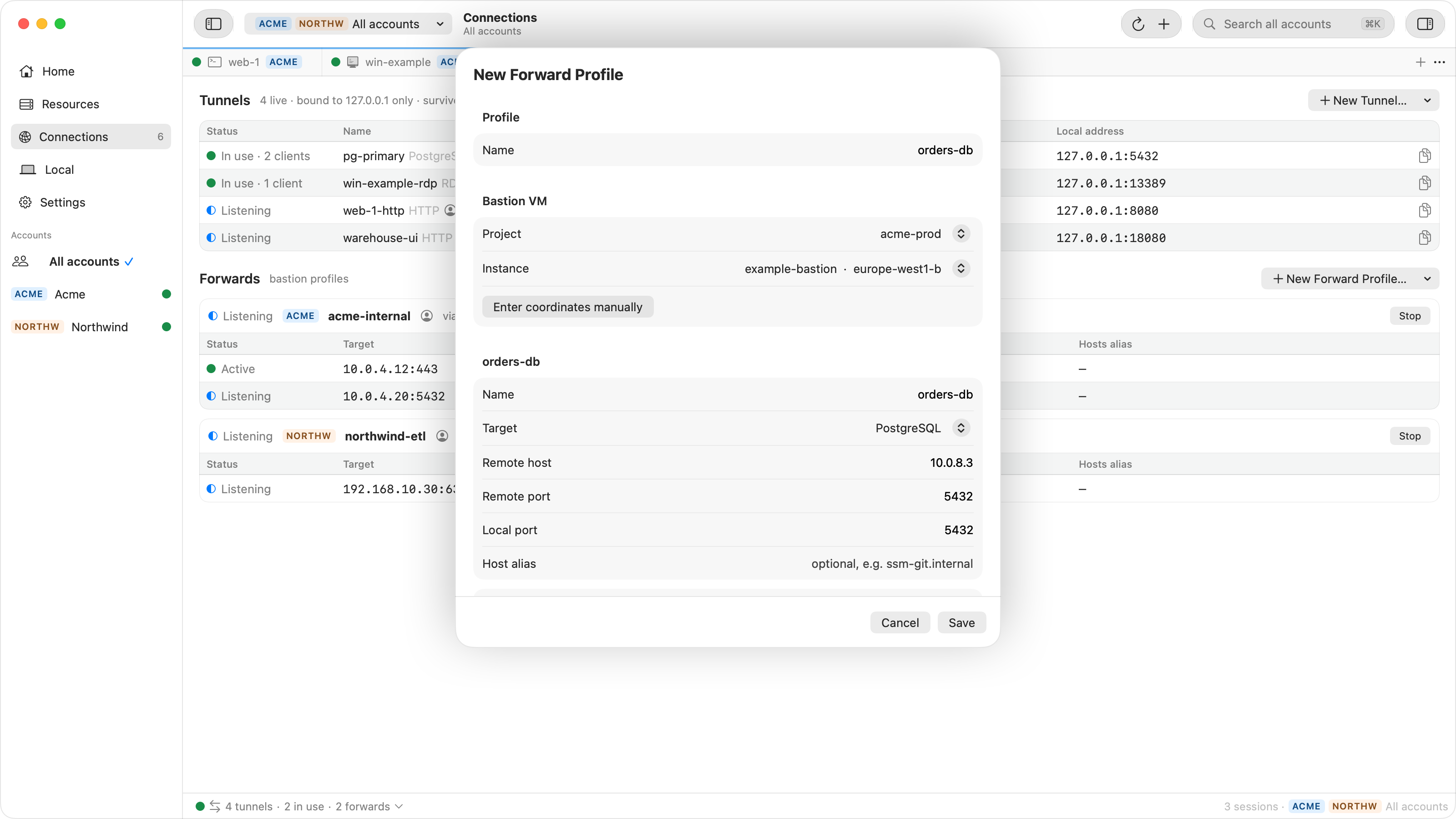 Ostgate's New Forward Profile sheet over the Connections view: profile orders-db, bastion VM example-bastion in project acme-prod, zone europe-west1-b, and a PostgreSQL forward to remote host 10.0.8.3 port 5432 on local port 5432, with an optional host alias.
