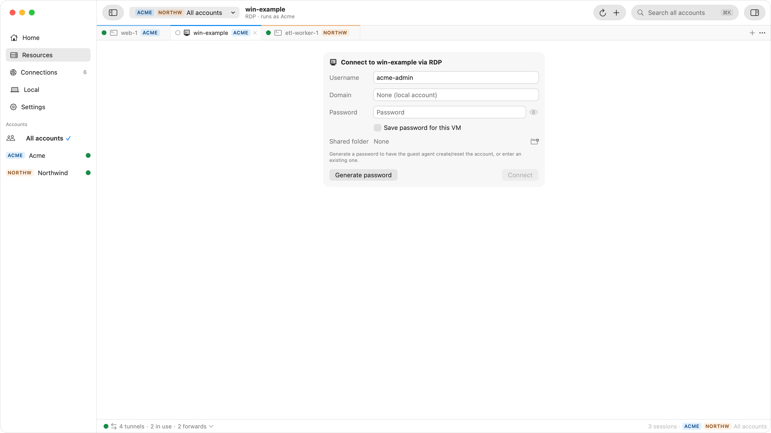 Ostgate's RDP tab for win-example before connecting: a credential form with Username acme-admin, Domain None (local account), an empty Password field, a Save password for this VM checkbox, Shared folder None with a folder button, and Generate password and Connect buttons.