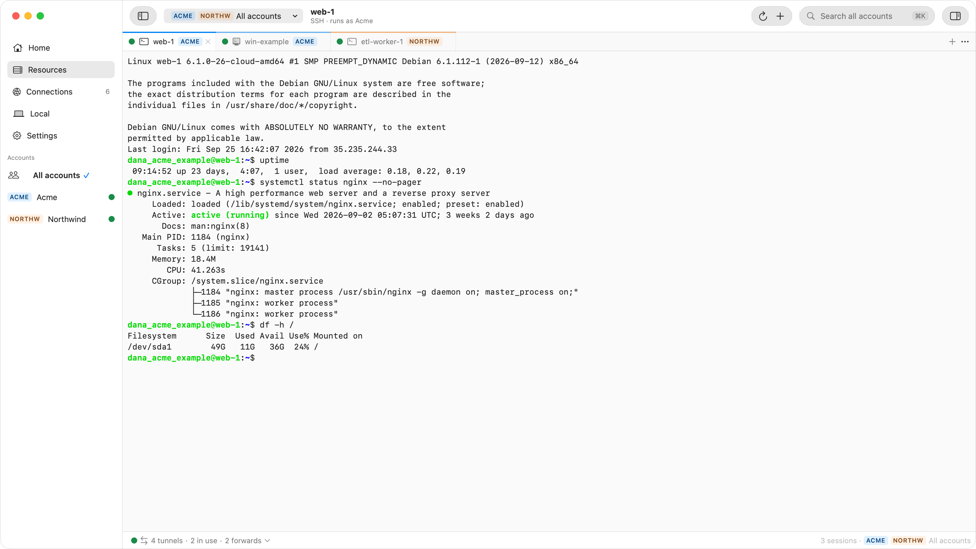 An SSH session tab in Ostgate: a terminal on a Debian VM showing the login banner, uptime, and systemctl status for nginx, with more session tabs open beside it.