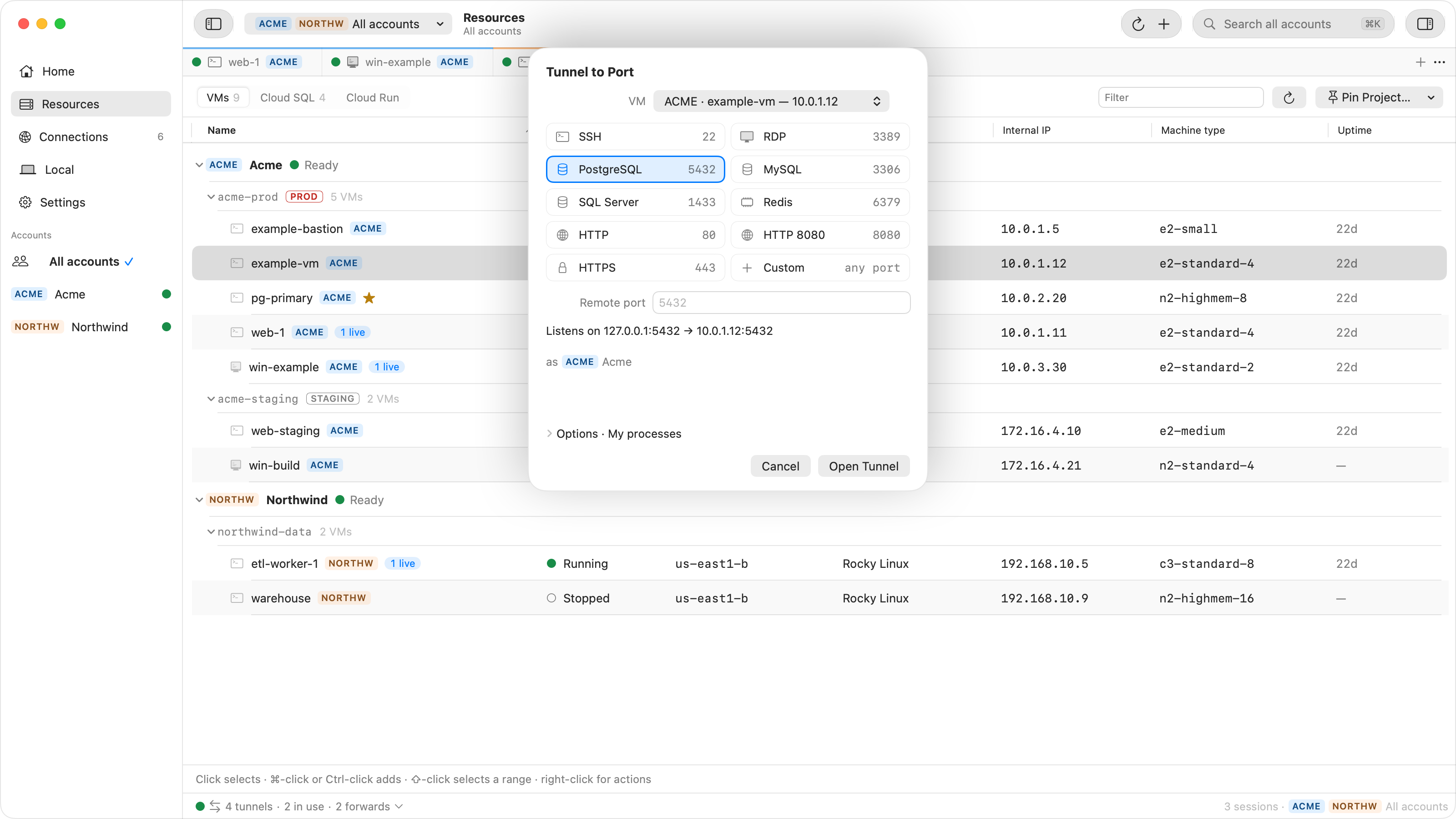 Ostgate's Tunnel to Port sheet over the Resources view: VM example-vm at 10.0.1.12, presets for SSH, RDP, PostgreSQL, MySQL, SQL Server, Redis, HTTP, HTTP 8080, HTTPS and a custom port, with PostgreSQL 5432 selected, a line that says it listens on 127.0.0.1:5432 and forwards to 10.0.1.12:5432 as the Acme account, and access set to My processes.